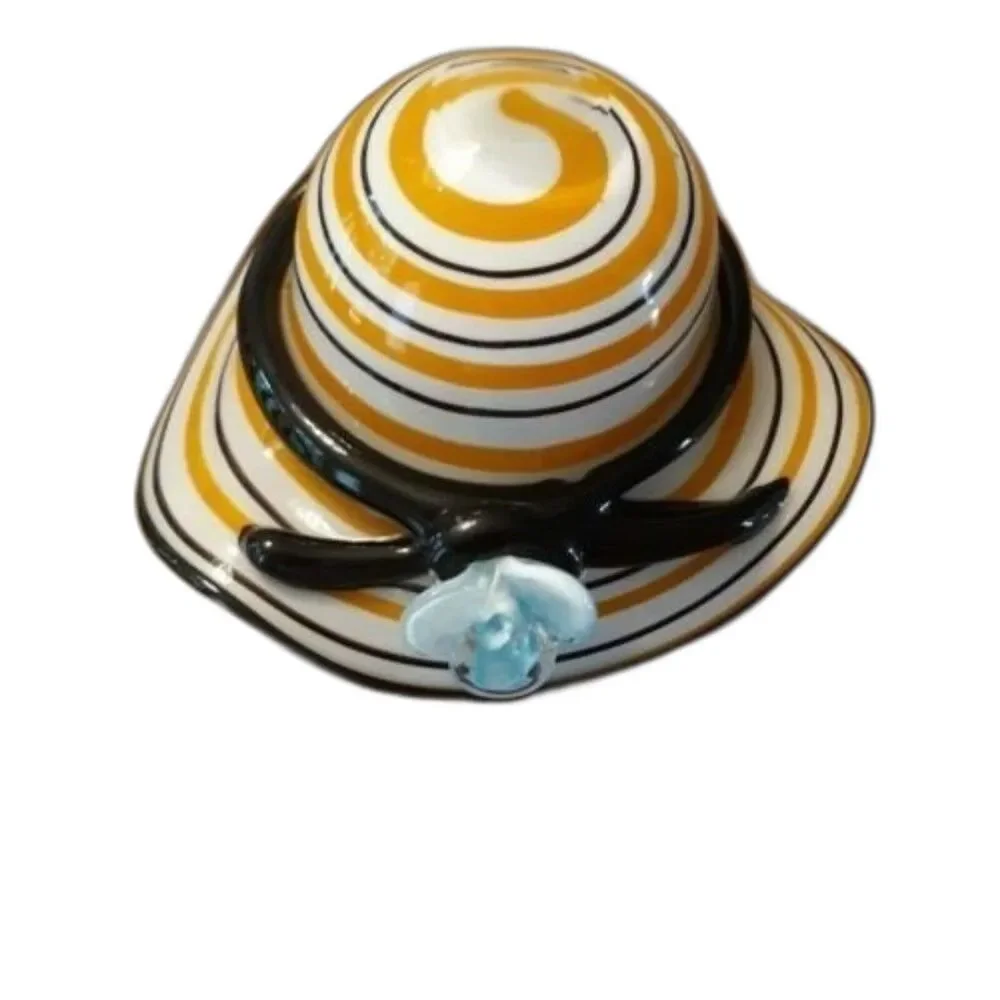 Ruffled Rim Swirl Orange & Black Art Glass Hat Bowl 4.75 X 7